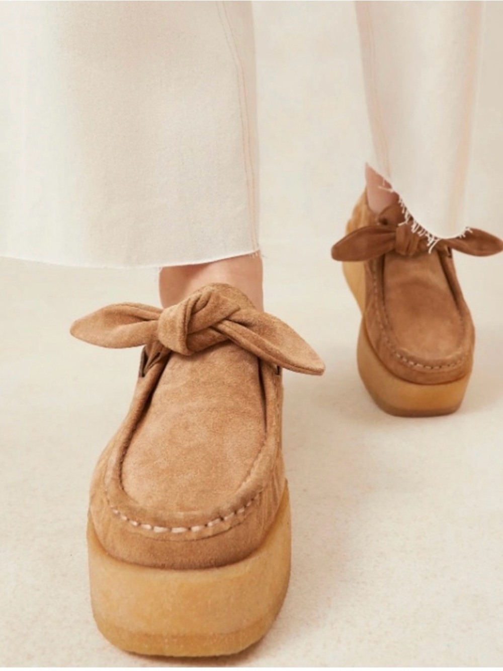 Loeffler Randall Tan Suede Platform Moccasins with Bow Detail
